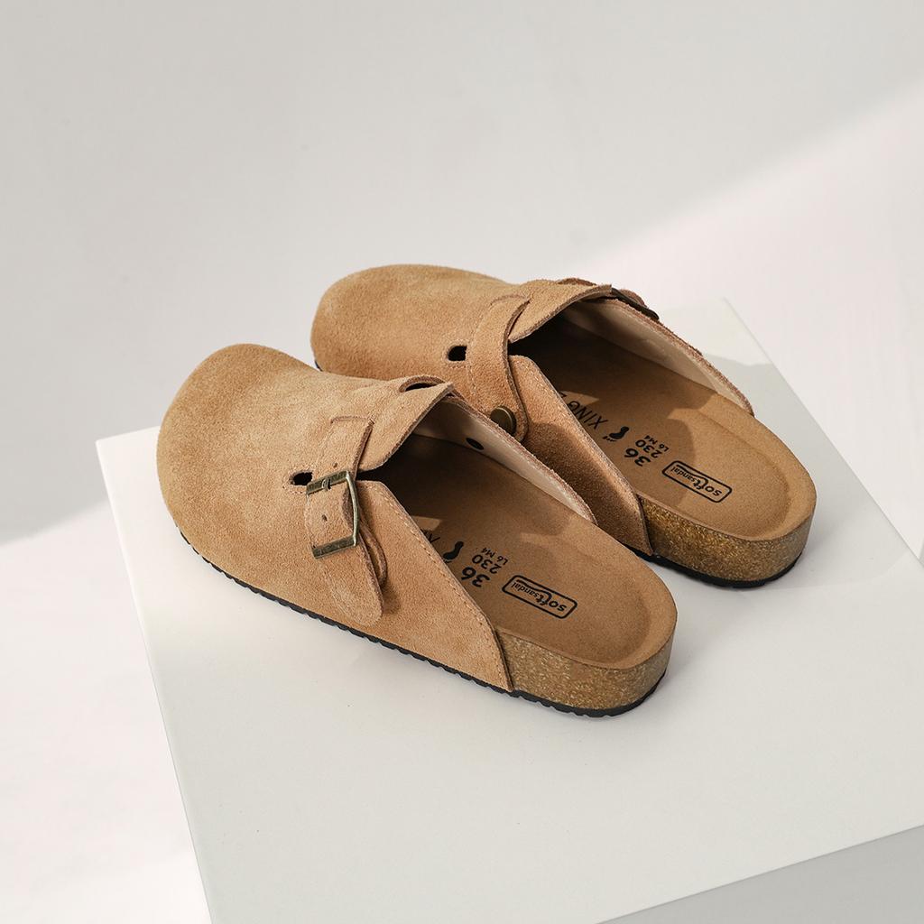 Cowhide version~ Birkenstocks women's leather cork heightened platform slippers fishing bag head half slippers Japanese Boken shoes