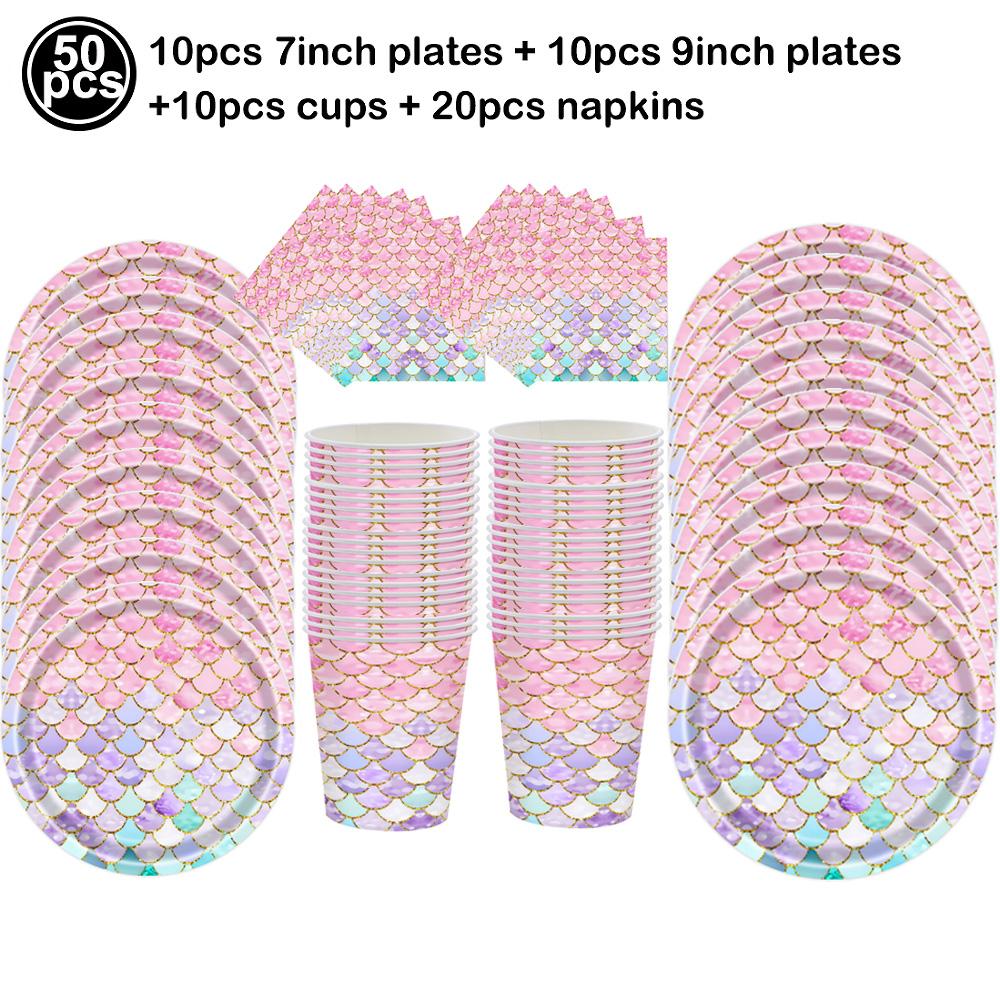 Mermaid Party Supplies Mermaid Scales Pattern Paper Plate Cup Napkin Popcorn Box Food Bowl Girl Birthday Party Baby Shower Decor