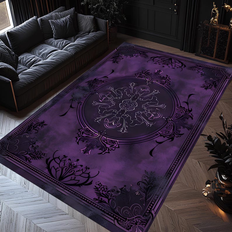 Purple Gothic Rug, Dark Elegant Baroque Carpet, Ornate Medieval Mandala Pattern, Vintage Inspired Living Room Decor