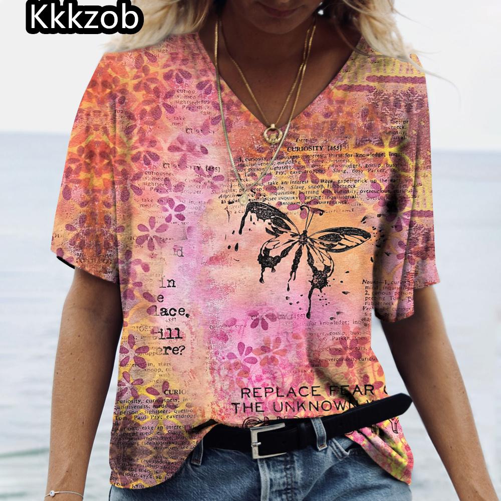 2025 Summer Women's T-Shirt Vintage Butterfly Printcasual Fashion V Neck Pullover Short Sleeve Loose Daily Tops Design Clothing