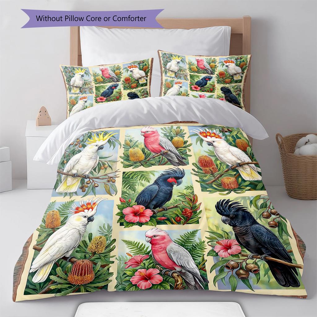 Retro Flower Parrot Pattern Bedding,Quilt Set Quilt Cover Pillowcase Home Birthday Gift (1 * duvet cover + 2 * pillowcase, without core)