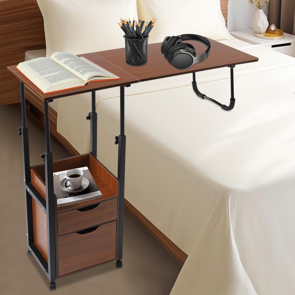 Overbed Table On Wheels, Movable & Adjustable Bedside Laptop Desk, Rolling Hospital Bed Tray W/ Storage Cabinet, Fits Over Couch