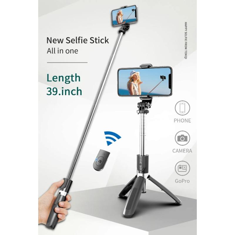 INRAM-L02 Bezdrôtový Bluetooth selfie tyč s mini statívom Skladacia selfie tyč s diaľkovým ovládaním pre telefón Akčnú kameru iPhone
