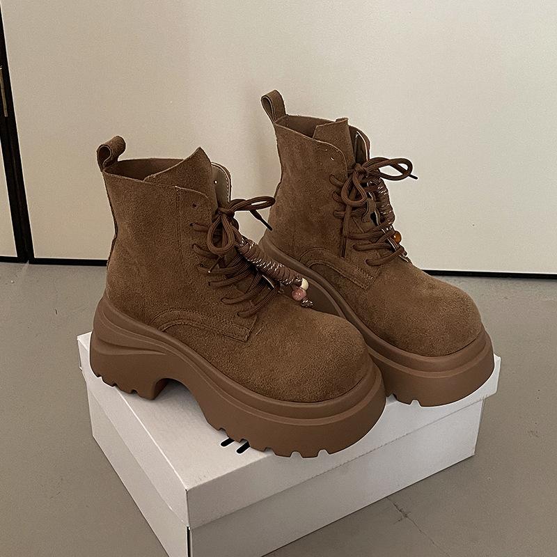 Fashion versatile thick-soled height-increasing and thin Martin boots women's 2025 autumn and winter new lace-up muffin-bottom locomotive boots women
