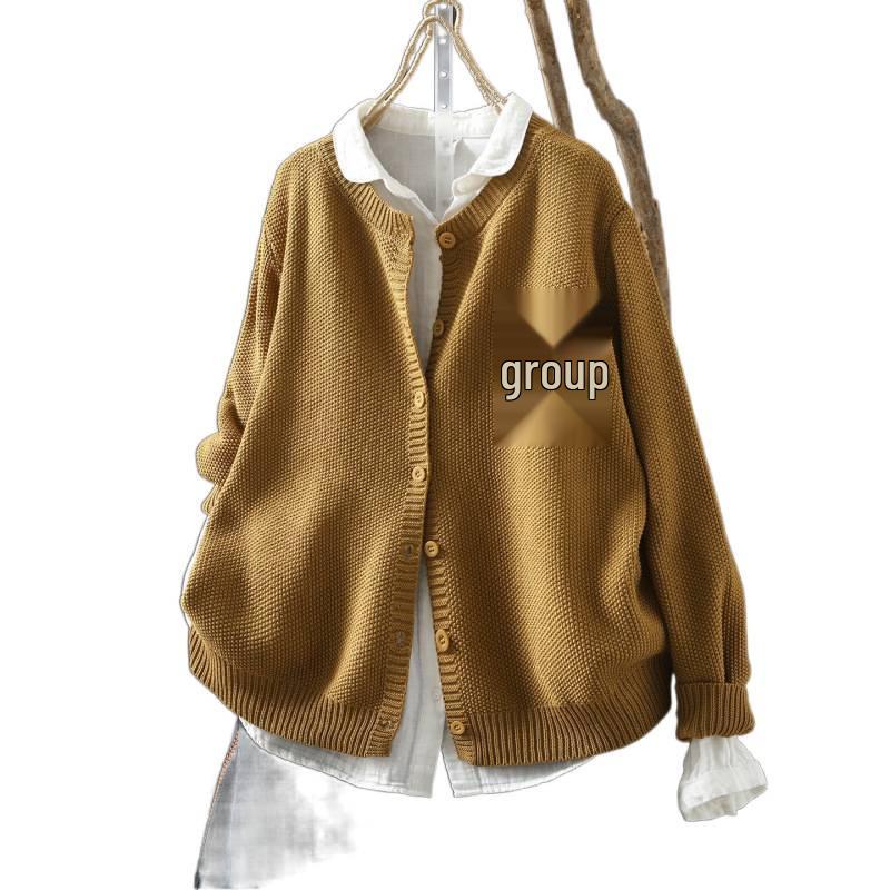 Women's Yellow Cotton Cardigan with Pockets - 2026 Spring Collection, Artistic & Lazy Style Knitwear