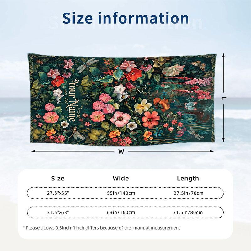 Floral Fantasy Garden 8 Theme Quick Dry Beach Towel Custom Name Text Print Large Sand Resistant Towel Beach Vacation