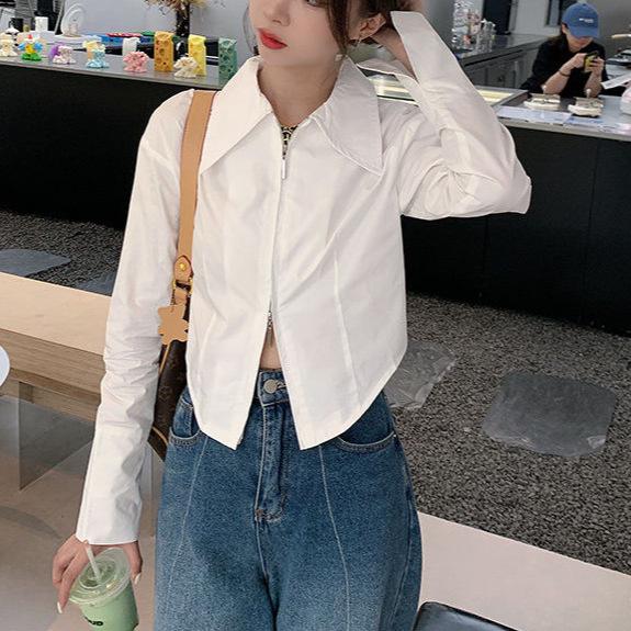 Women s Chic Long-Sleeve White Zippered Shirt, French Style, Short, Ideal for Spring/Autumn, Stylish Base Layer. Small