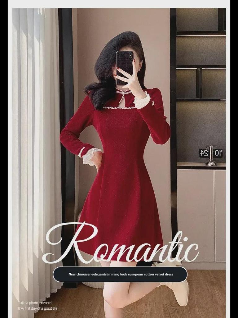 2025 Modern Chinese Style Cheongsam Dress with Corduroy and Pearl Buttons