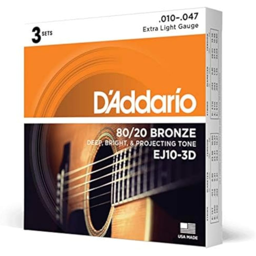 D Addario Daddario Acoustic Guitar Strings 80/20 Bronze Extra Light .010-.047 EJ10-3D 3 Set Pack ...