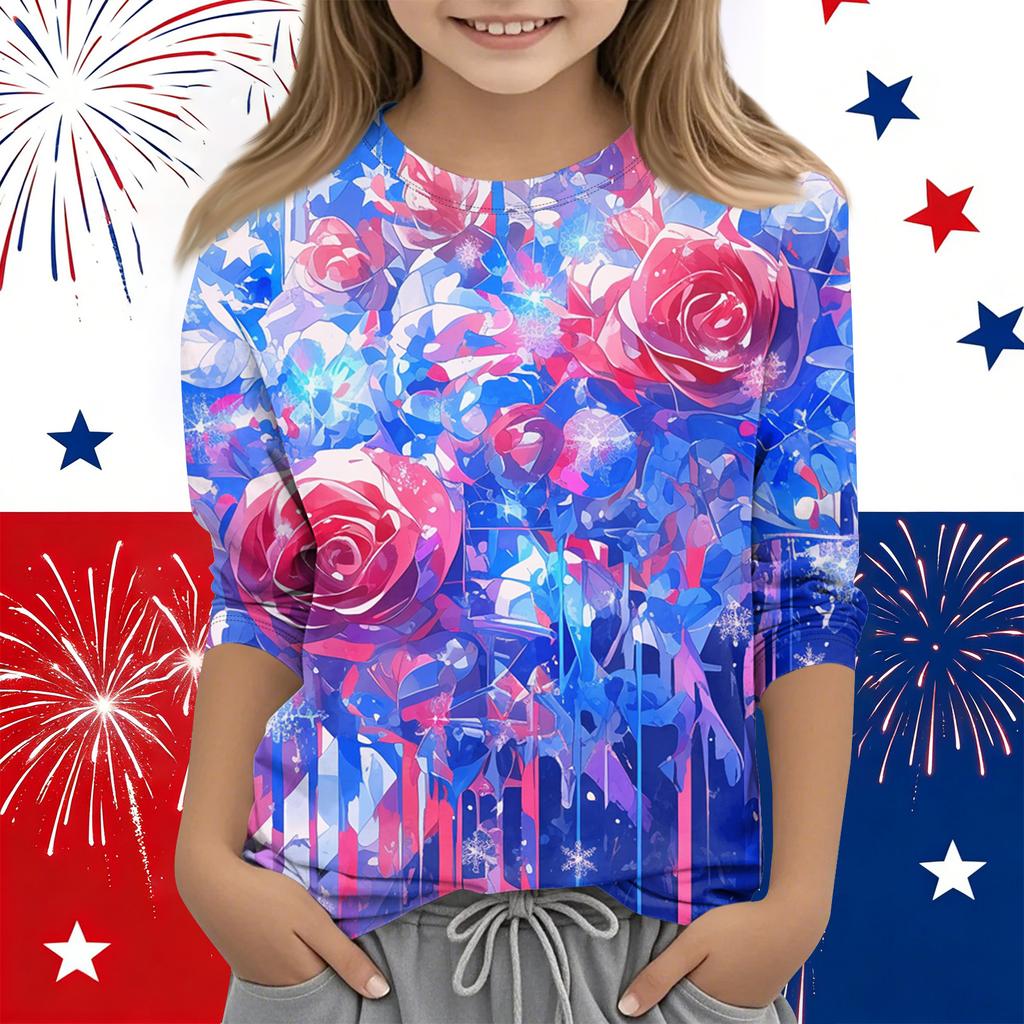 Print Tops For Youth Girls Round Neck 3/4 Sleeves T-Shirts Trendy Tops Outfit Tees Independence Day