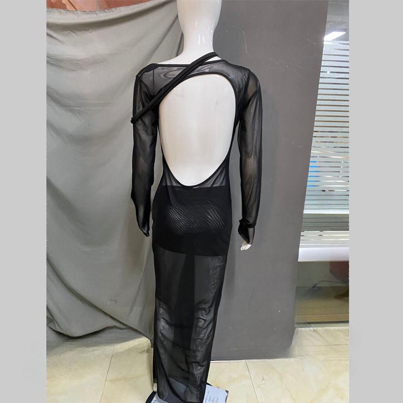 Evropské a americké dámské jarní dlouhorukávové průsvitné síťované šaty s vysokým pasem, sexy a pikantní dívčí dlouhé šaty