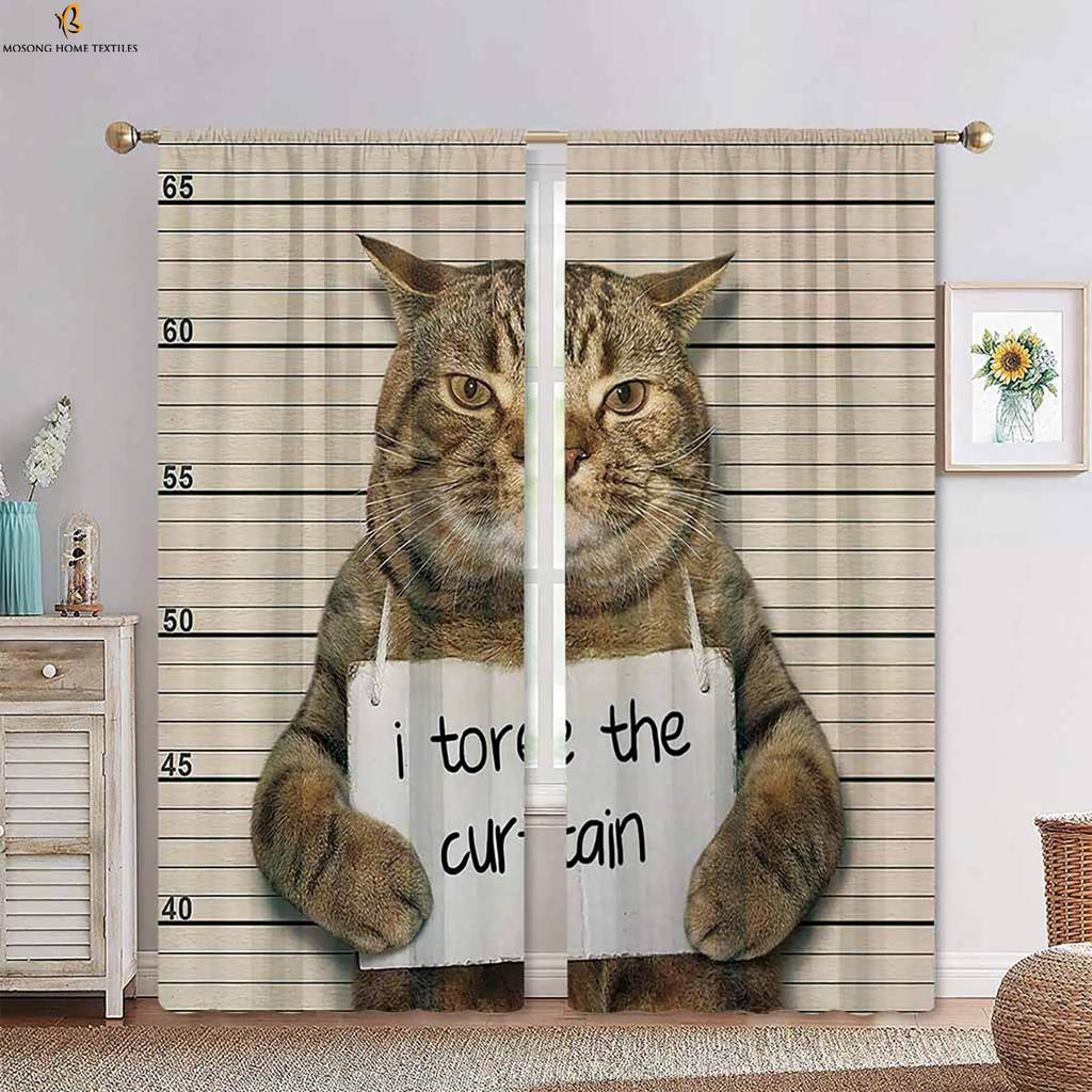 Set Of 2 Cat Animal Pattern Decorative Curtains Cartoon Cute Boys Girls Bedroom Children Room Polyester Fiber Printing Curtain For Made