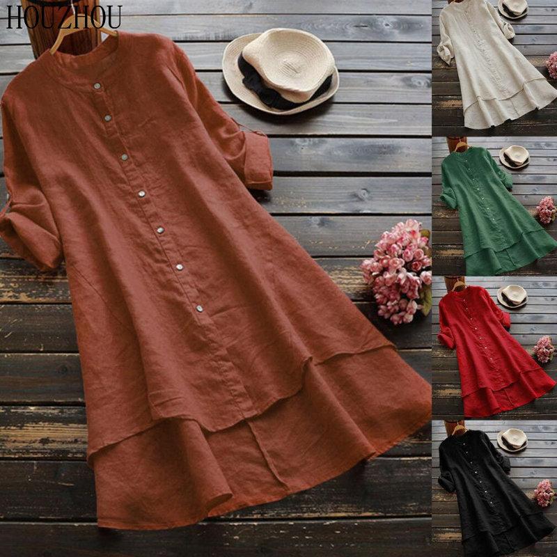 HOUZHOU Solid Cotton Linen Shirt Women Button Round Neck Long Sleeve Shirt Elegant Basic Office Ladies