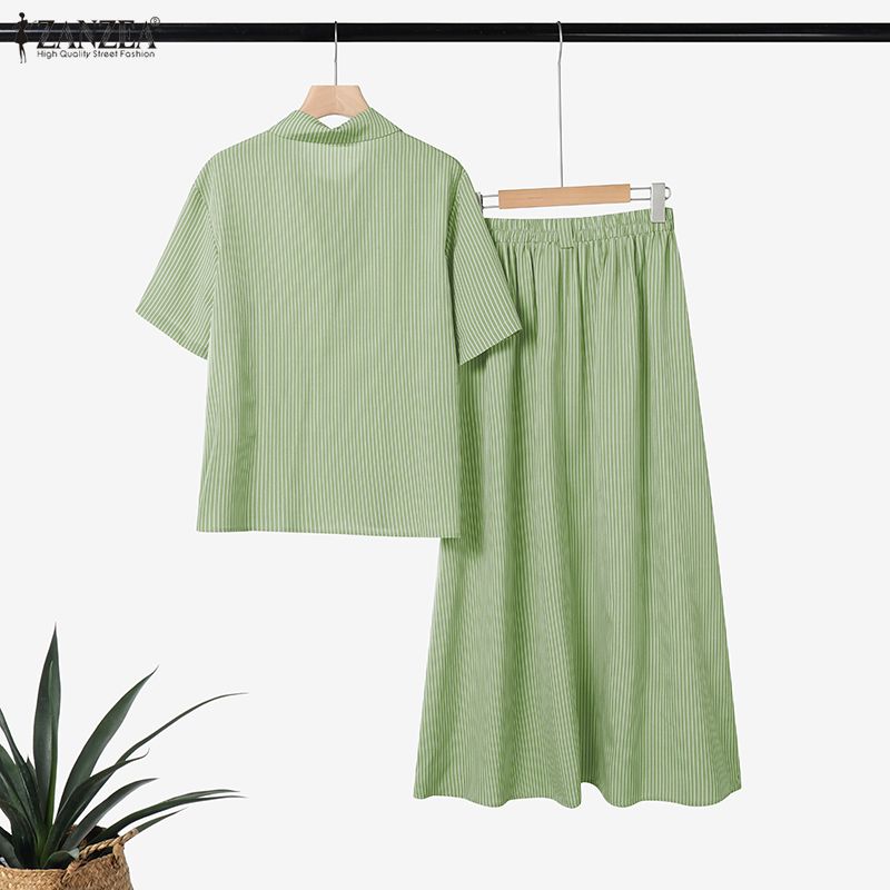 ZANZEA Women Short Sleeve Blouse and Long Skirts Casual Stripr Print Two Piece Sets