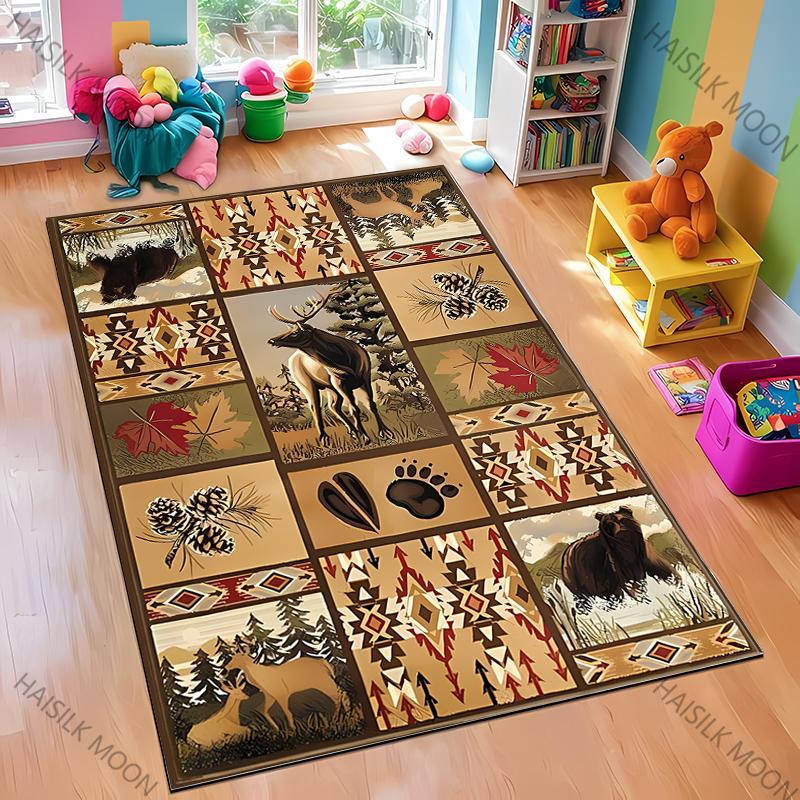 Dywan w stylu retro skandynawskim z motywem nadruku niedźwiedzia łosia, miękki dywan odpowiedni do jadalni, salonu, pokoju zabaw dla dzieci, mata podłogowa