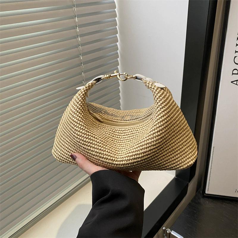 Raffia Straw Woven Clutch Purse Hobo Dumpling Women Handbag Summer Beach Grass Braided Solid Color Evening Bag KTB