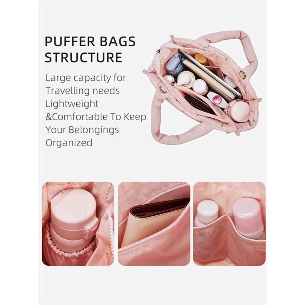 Lightweight Quilted Tote Bag Nylon Multi-Pocket Crossbody Bag Large Capacity Detachable Strap Shoulder Bag Work