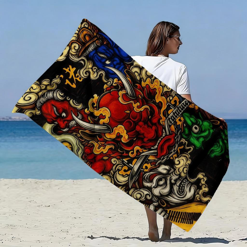Japanese Tattoo Beach Towel Oni Demon Samurai Art Large Microfiber Quick Dry Sand Free Bath Towel For Men Summer Swim Pool