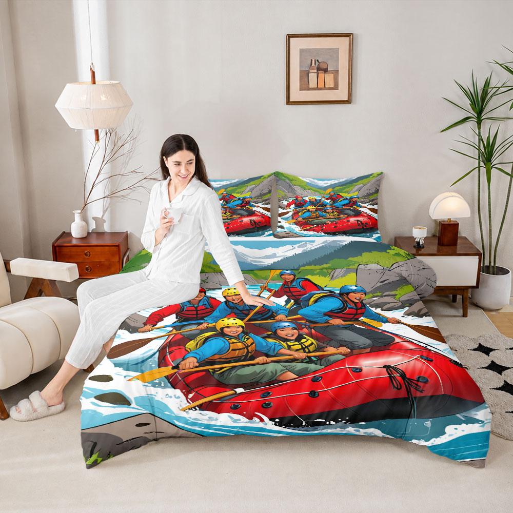 Modern Whitewater Rafting Adventure Multicolor Bedding Set, Fashion Duvet Cover for Stylish Bedroom, Soft Cotton Feel Duvet Cover