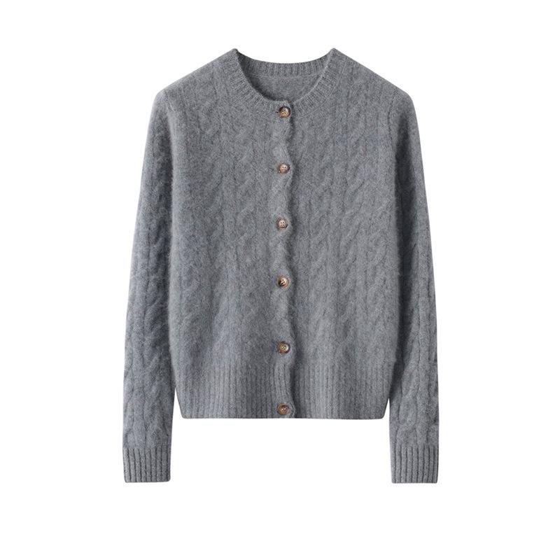 Damen Kaschmir Zopfmuster Cardigan - Rundhalsausschnitt, Langarm, Unifarben, Knopfleiste Pullovermantel für Herbst/Winter