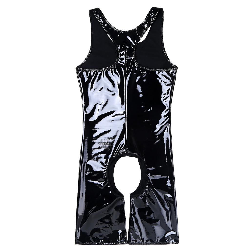 Sexy Men One-piece Tight Crotchless Underwear Shiny Leather Wrestling Singlet Jockstrap Bodysuit Swimwear