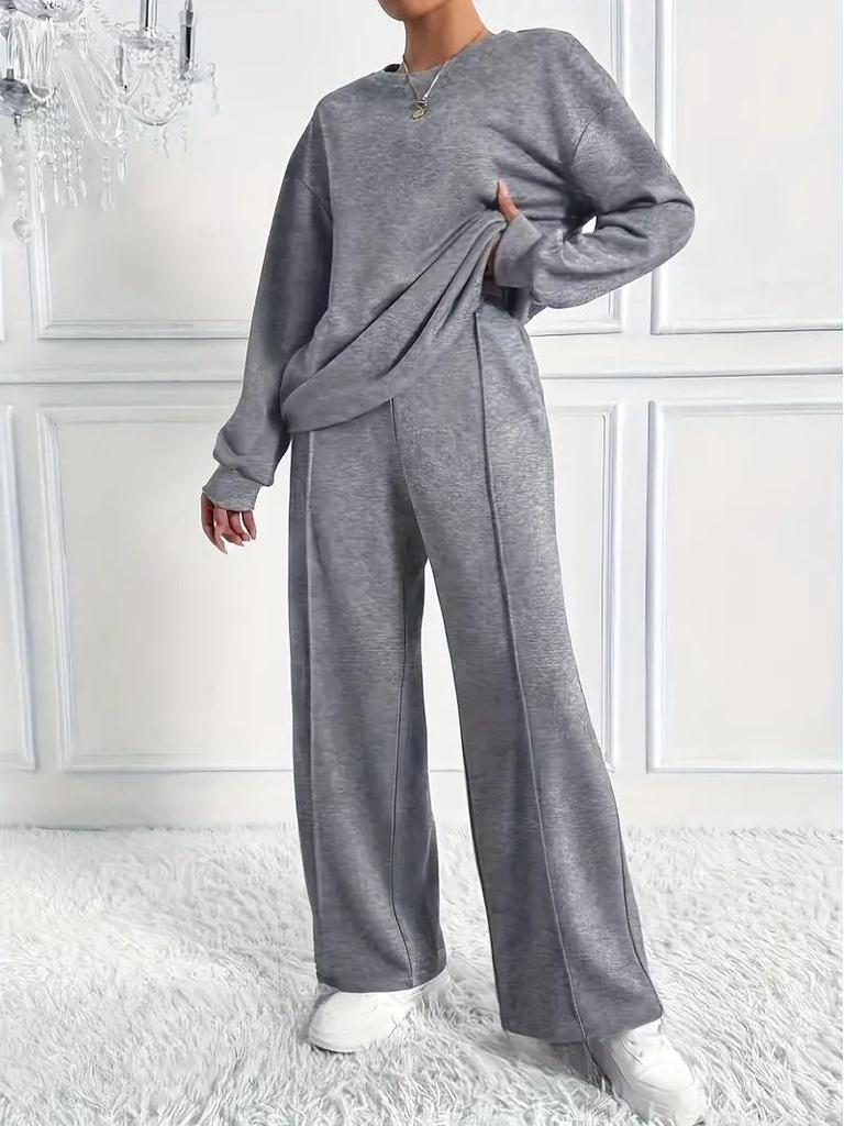 Trendy Solid Color Long Sleeve Round Neck Two-Piece Set for Women
