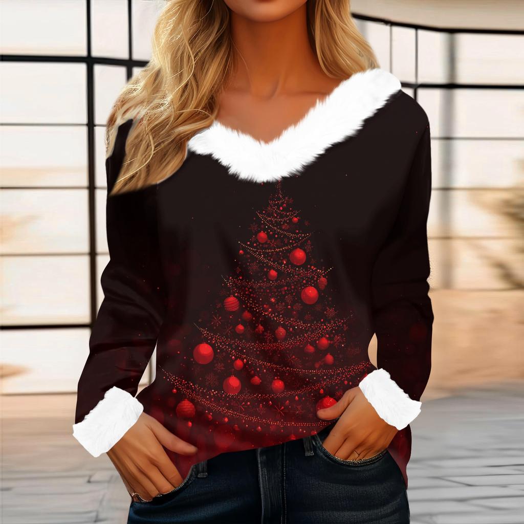 Kadın Günlük Moda Uzun Kollu Noel Baskılı Flanel Yakalı Üst