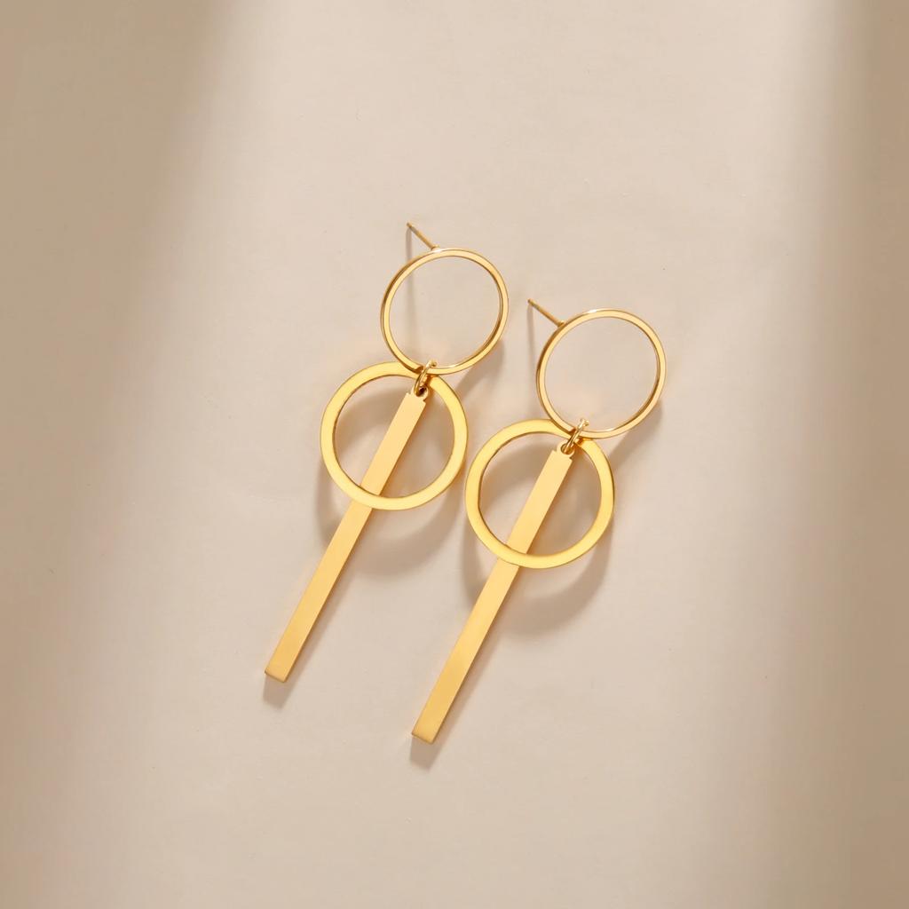 Round Long Tassle Drop Earring for Women Stainless Steel Minimalist Stud Earrings Trendy Geometric Wedding Jewelry Gift