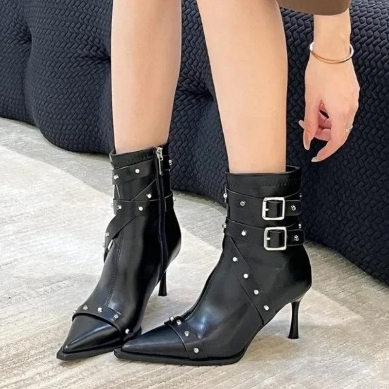 Fashion Fashionable Rivet High Heel Short Boots Pointed Toe Slim Fit Spring Autumn 2025 New Arrival Women's Ankle Boots Leisure Style