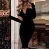 IELGY New Product Women's Dress Explosion Style Deep V Pleated Hip Bag Long Sleeve Solid Color Dress