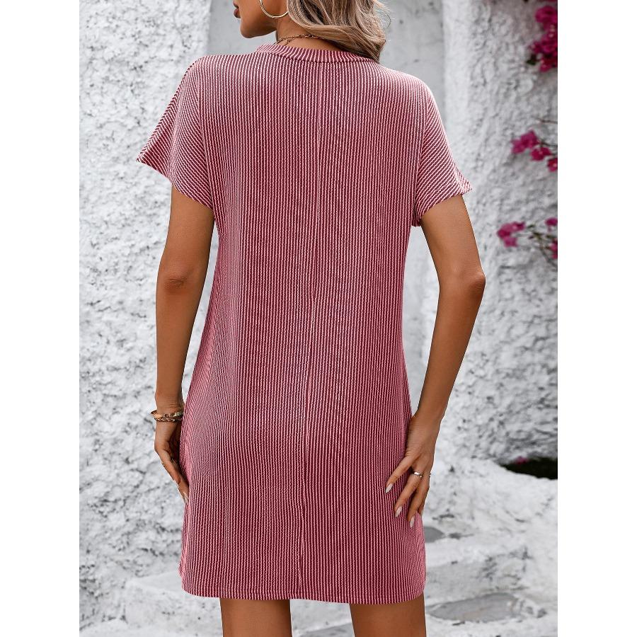 Women's Summer Casual Color Contrasting Twisted Strip Short Sleeve Pocket Dress