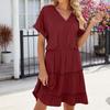 QICED Spring Summer Solid Color V-neck Loose Short-sleeved Patchwork Dress