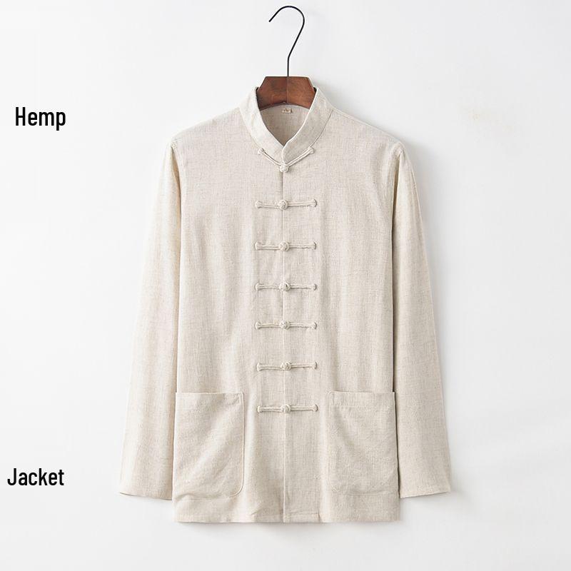 Men's Bamboo Cotton & Linen Retro Tang Suit Shirt for Spring/Summer - Long-Sleeved Kung Fu Tai Chi Tea Service