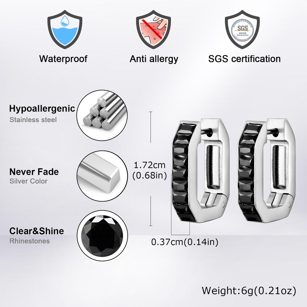Vintage C-Shaped Rectangular Zircon Earrings for Men,Stainless Steel Hip-Hop Huggies Hoop Earring,Black Rhinestone Earring Gift