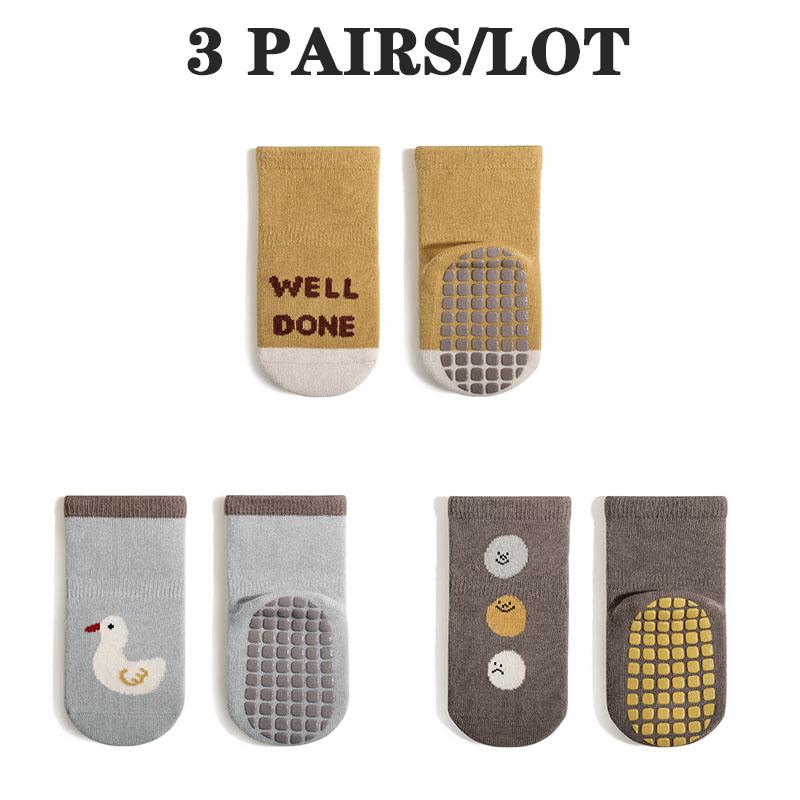 3 Pairs/Lot Cartoon Baby Floor Socks Indoor Full Sole Rubber Non-Slip Kids Socks Set Boneless Middle Tube Socks For Boys  Girls