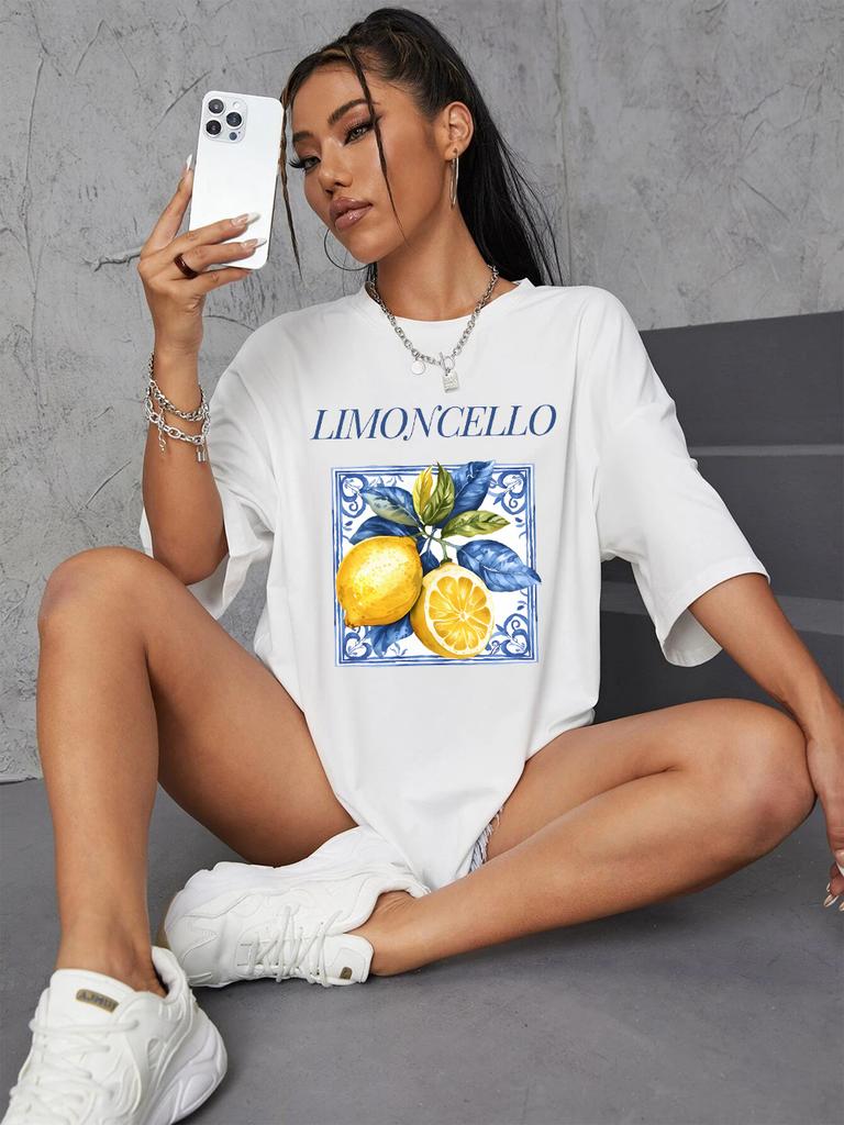 Lemon Cello Creative Fruits Printing TShirt Womens Cotton Summer Short Sleeve Comfortable Soft ONeck Tops Basic Woman Clothes