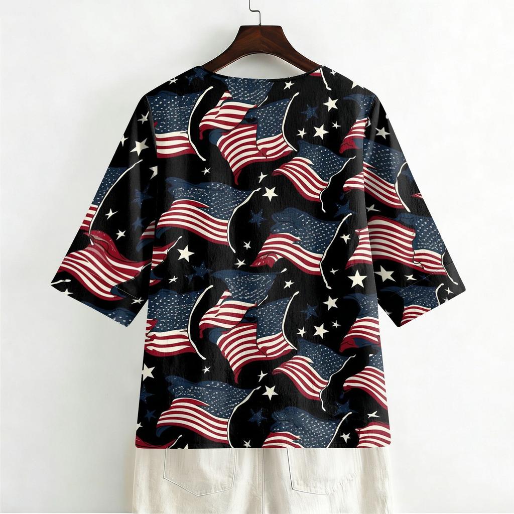 Women's V-Neck Button Three-Quarter Sleeve Casual Independence Day Print Pullover T-Shirt