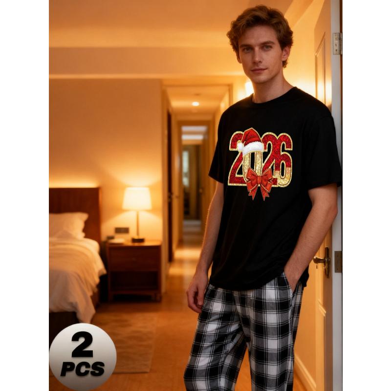 

2026 New Year Family Matching Set, Short Sleeves & Checkered Trousers, Comfortable Home XXL
