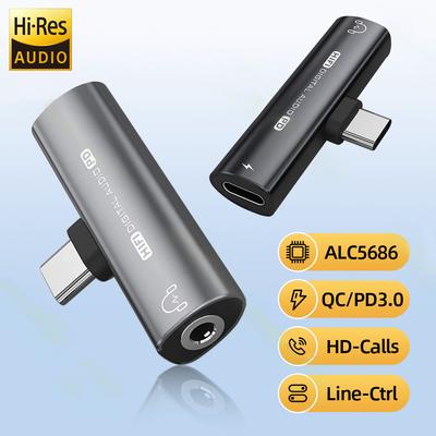 2in1 USB Typ-C zu USB C/3,5mm Kopfhörer Adapter Kopfhörer DAC Audio Aux Konverter 32bit/384kHz Digital Decoder PD27W Schnelle Ladung