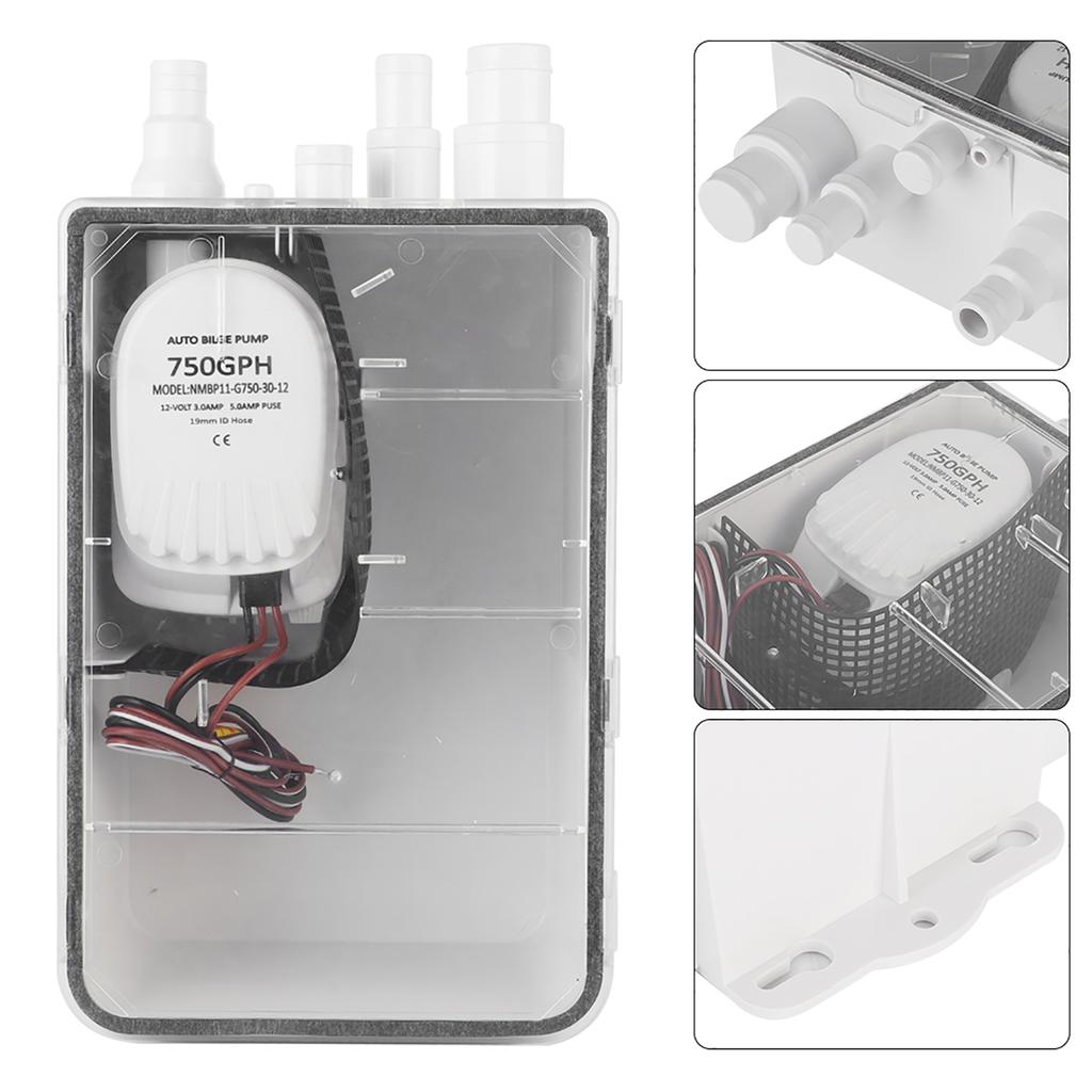 DC 12V 24V 750GPH Shower Sump Pump Automatic Switch Bilge Drain Box Multi Inlet for Marine Boat Yacht G750‑30