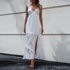 Damen-Sommerkleid, weiß, V-Ausschnitt, sexy, rückenfrei, einfarbig, ärmellos, All-Match-Kleid mit Schleife und Schlitz, S-XL