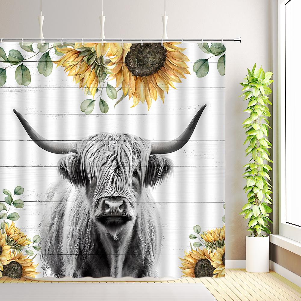 Highland Cow Shower Curtain Farm Animals Cattle Portrait Watercolor Flowers Plant Bathroom Decor Fabric Bath Curtains with Hooks