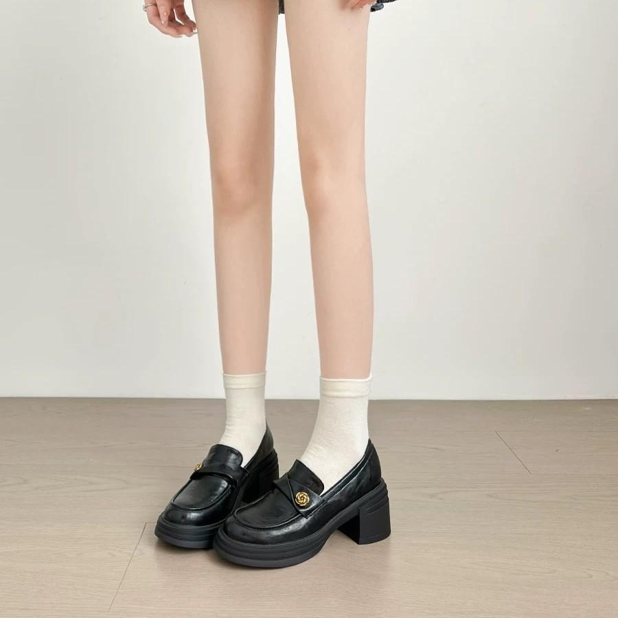 Cowhide Version~ British Style Camellia Platform High-heeled Loafers, Small Leather Shoes, Retro Thick-heeled Single Shoes for Women