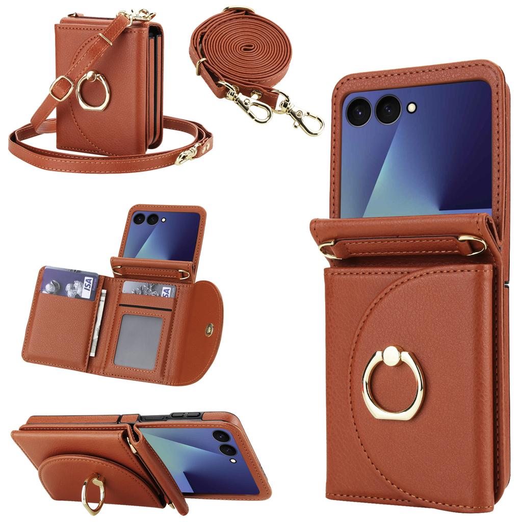Crossbody Ring Holder Cards Solt Wallet Flip Leather Phone Case For Samsung Galaxy Z Flip 7 6 5 4 3 7FE Adjustable Strap Cover