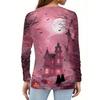 Women's Casual Long Sleeve V-Neck T-Shirt with Halloween Print and Button for Holiday Outfits