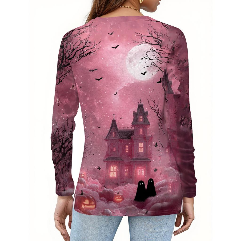 Women's Casual Long Sleeve V-Neck T-Shirt with Halloween Print and Button for Holiday Outfits