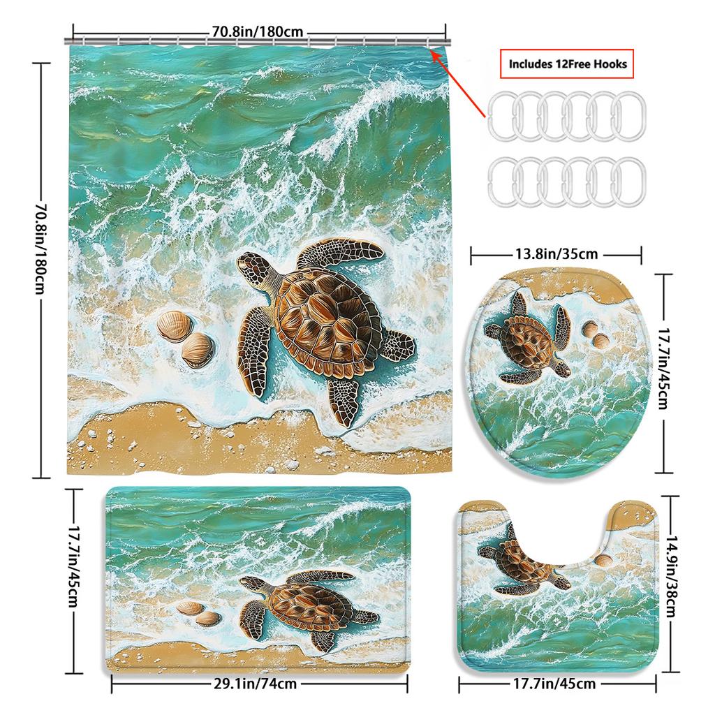 Sea Turtle Shower Curtain Set With 12 Hooks - Polyester Fabric, Non-Slip Bath Mat, Toilet Seat Cover, And U-Shaped Rug - Machine