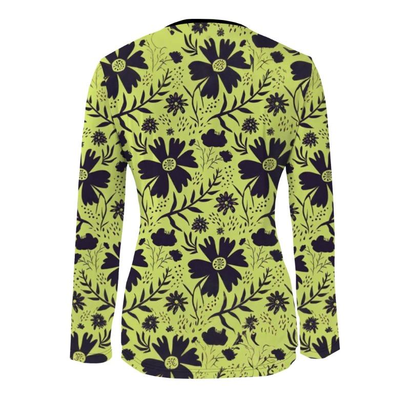 Women's Patchwork Zipper Top - Long-sleeved V-neck, Floral Print Decoration, Slim Design, Fashionable and Personalized