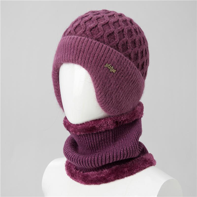 Ji Middle-Aged And Elderly Women'S Basin Hat Grandma Knitted Wool Hat Old Man Hat Rabbit Fur Flower Mother Hat Scarf