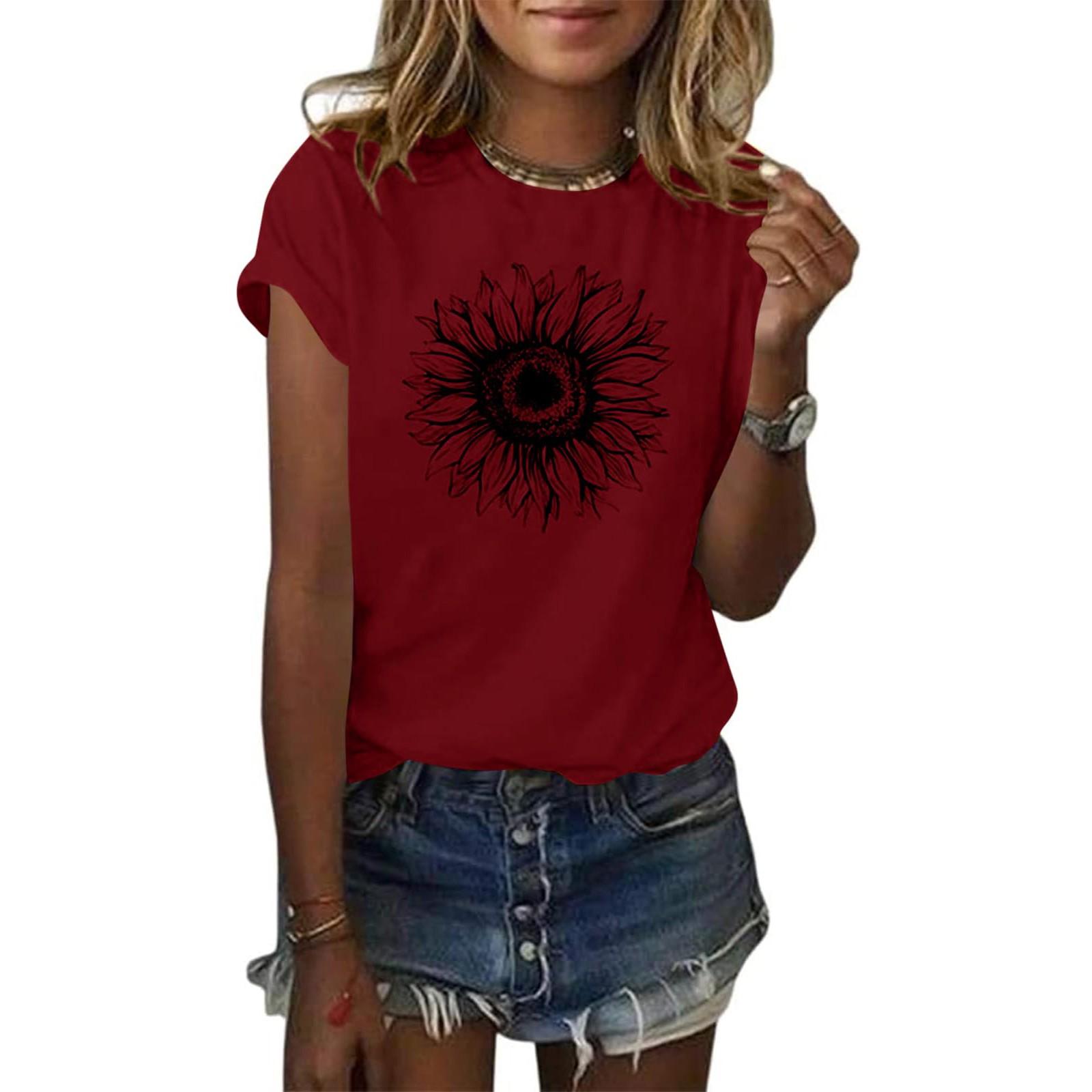 

Женская модная футболка с коротким рукавом и рисунком подсолнуха, свободные летние топы M винный